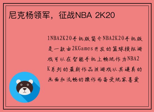 尼克杨领军，征战NBA 2K20