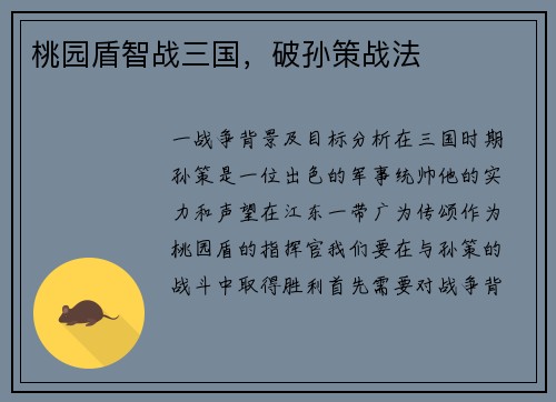 桃园盾智战三国，破孙策战法